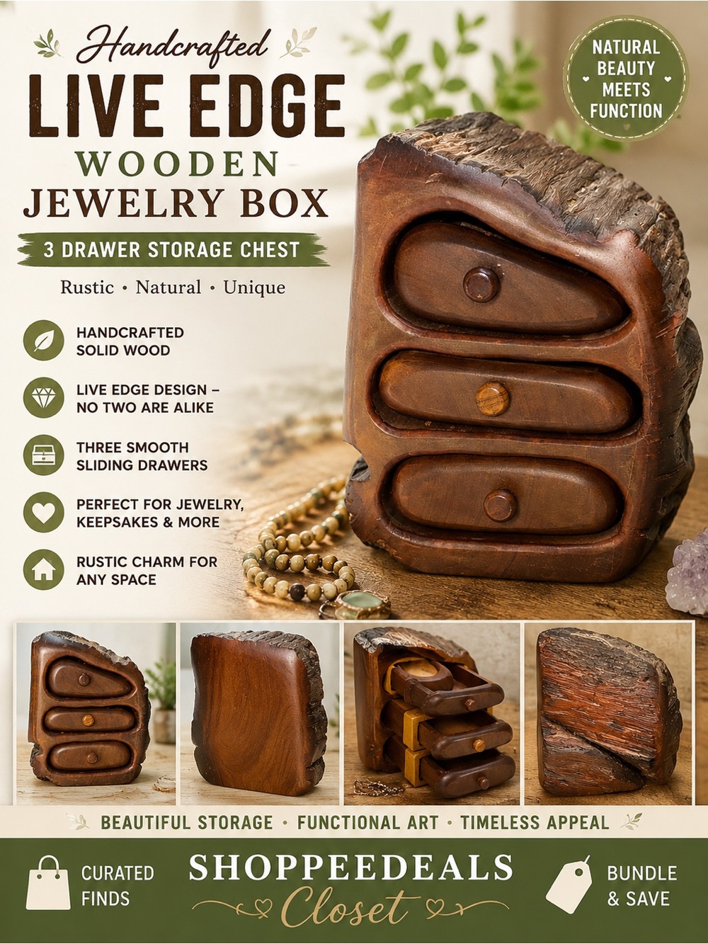 Live Edge Rustic Wooden Jewelry Box / Trinket Chest – 3 Drawer